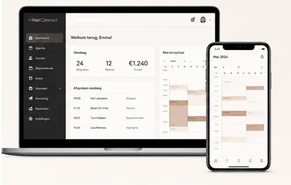 HairConnect op een laptop en een telefoon: het dagoverzicht met afspraken naast de agenda van de maand.